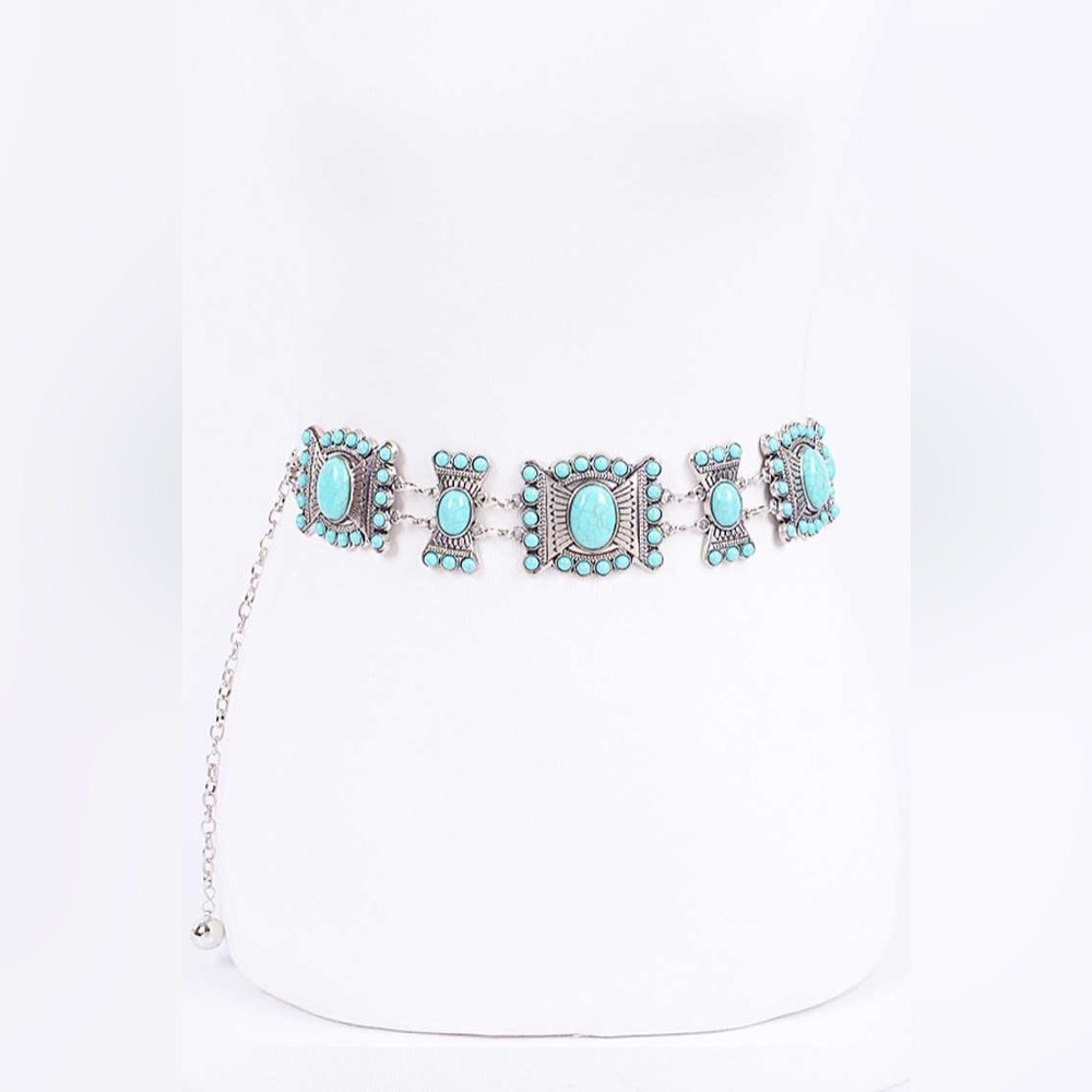 Turquoise & Silver Western  Adjustable Chain Statement Belt